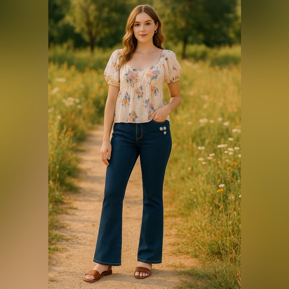 ModCloth High Rise Bootcut Jeans Dark Wash Daisy Embroidered Size 10